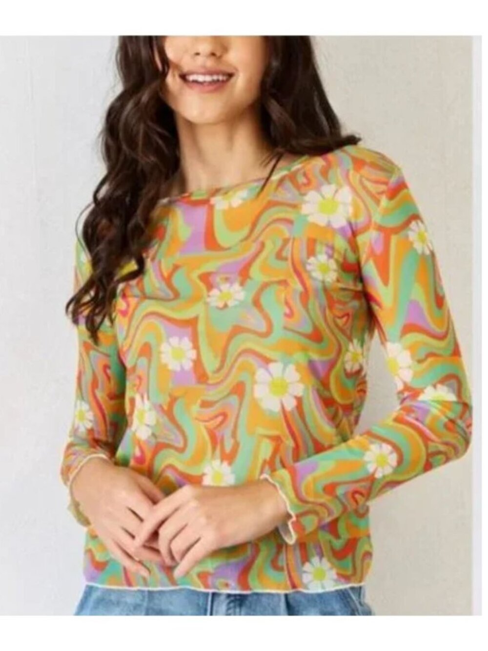 J.NNA Groovy Swirl Sheer Long Sleeve Tank Top Abstract Retro Orange/Multi M